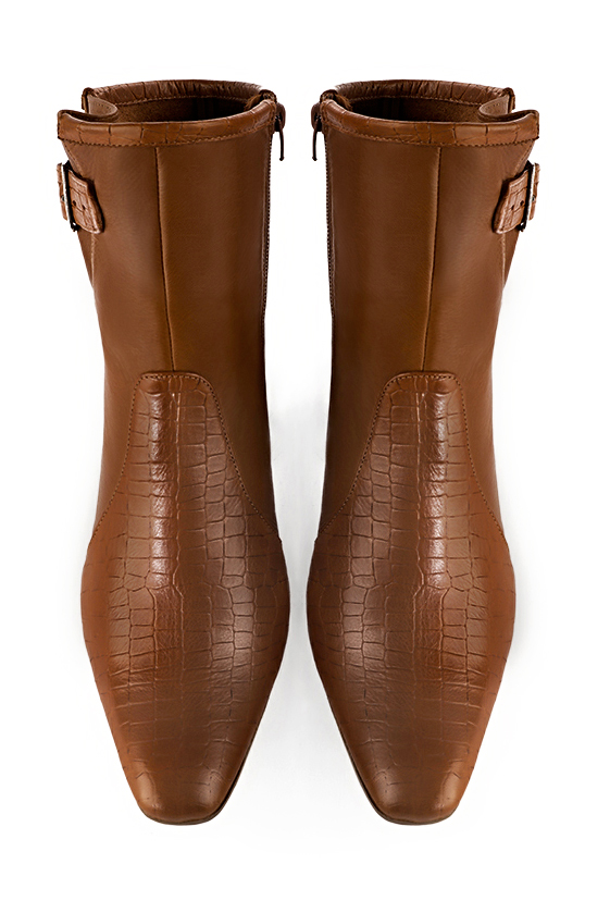 Caramel brown women's ankle boots with buckles on the sides. Square toe. Medium block heels. Top view - Florence KOOIJMAN